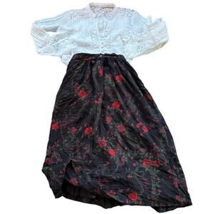 Vintage Talbots Black Floral Midi Skirt w/ Pockets Cottagecore M USA